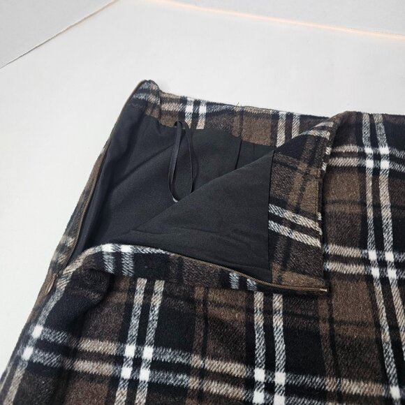 Women Plaid Mini Skirt Brown Black Wool Blend Autumn Size L Side Zip - Picture 4 of 11
